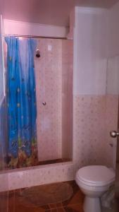 a bathroom with a toilet and a shower with a curtain at Huaraz Colonial in Huaraz