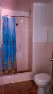 a bathroom with a toilet and a shower with a curtain at Huaraz Colonial in Huaraz +87 photos