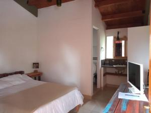 ein Schlafzimmer mit einem Bett und einem Schreibtisch mit einem Computer. in der Unterkunft Hostería La María in Rosario de la Frontera