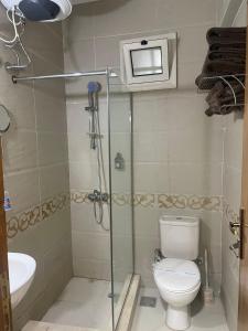 a bathroom with a shower with a toilet and a sink at Serafy City Center Hostel and Pool for Foreigners Adults Only in Hurghada