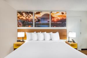 シャーロッツヴィルにあるDays Inn by Wyndham Charlottesville/University Areaの大きな白いベッドと2つのランプがある寝室