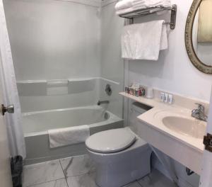 W łazience znajduje się toaleta, wanna i umywalka. w obiekcie Duck Cove Inn w mieście Margaree Harbour