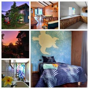 a collage of pictures of a bedroom and a bed at marari rapa nui in Hanga Roa