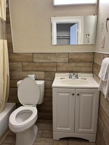 Yorktown Motor Lodge في يوركتاون: حمام مع مرحاض ومغسلة ومرآة