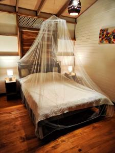 Una cama con una red colgada en una habitación en Casa Siri de Cahuita en Cahuita