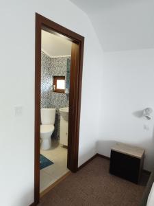 La salle de bains est pourvue de toilettes et d'une porte. dans l'établissement REMINA, à Sulina