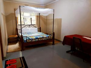 Shamba Hostel في Usa River: غرفة نوم بسرير مع مظلة