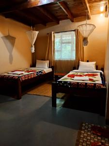 Shamba Hostel في Usa River: غرفة نوم بسريرين ونافذة