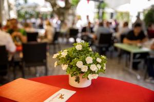 un vaso bianco con fiori bianchi su un tavolo rosso di Gartenhaus by Ochsen Lenzburg a Lenzburg