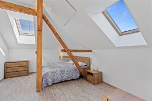 a bedroom with a bed and two skylights at Vila Antik in Nové Hrady