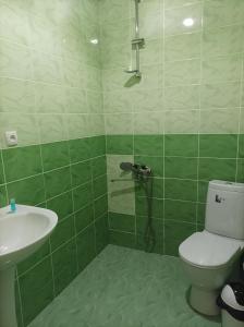 a green bathroom with a toilet and a sink at HOMEWOOD in Stepantsminda