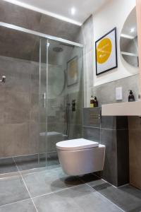 a bathroom with a toilet and a glass shower at Combie Lane Apartment in Oban