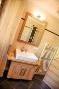 La salle de bains est pourvue d'un lavabo et d'un miroir. dans l'établissement Perchnerhof, à Terento