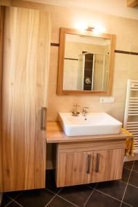 La salle de bains est pourvue d'un lavabo et d'un miroir. dans l'établissement Perchnerhof, à Terento