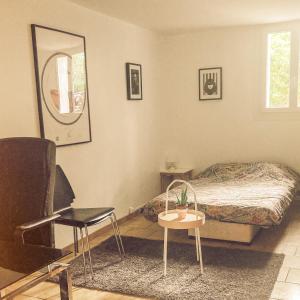 ein Schlafzimmer mit einem Bett, einem Stuhl und einem Spiegel in der Unterkunft T2 Poitiers Saint Benoit 20min Futuroscope in Saint-Benoît