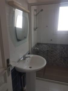 a white bathroom with a sink and a shower at Djerba La Douce in Houmt Souk