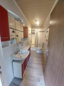 ターレにあるPension Sternschnuppe, Treseburg Harz, unmittelbar am Wasserの洗面台とトイレ付きのバスルーム
