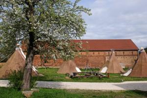 un groupe de tentes dans un champ à côté d'un bâtiment dans l'établissement Kuckunniwi Tipidorf, à Werder