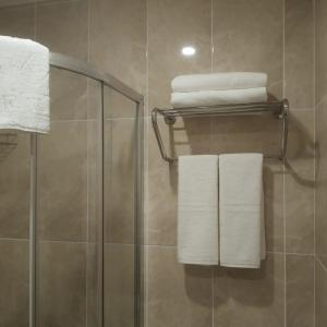 a bathroom with a glass shower stall with towels at KALİYE ASPENDOS HOTEL in Antalya