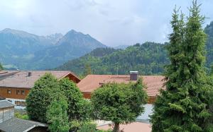 un groupe de maisons et d'arbres avec des montagnes en arrière-plan dans l'établissement Alpenrose, à Obermaiselstein