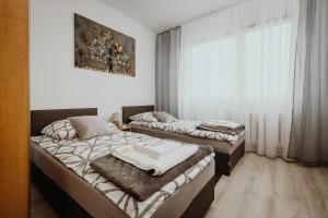 2 camas en una habitación con ventana en Apartament Kraju centrum z fotelem masującym, en Sosnowiec