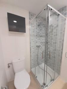 een badkamer met een toilet en een glazen douche bij Super vistas Miño II in Miño