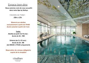 uma página de um folheto com uma piscina em Citadines Eurometropole Strasbourg em Estrasburgo