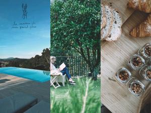 a collage of photos with a woman sitting in a chair next to a pool at Casa Rural El Abuelo de Arcos - Only Adults in Meis