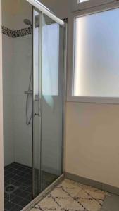 a shower with a glass door in a bathroom at Appartement 2 pièces 50 m² à 5min à pieds des plages in Plestin-les-Grèves