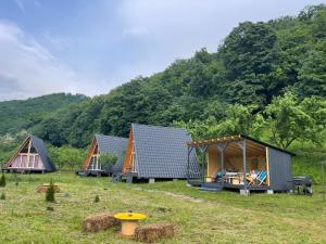 a group of three small houses in a field at Cabane A-Frame Svinița in Sviniţa