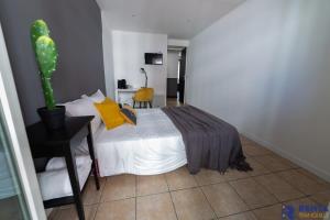 a bedroom with a bed with yellow pillows and a cactus at Chambre 2 René Cassinbalcon Wifi Mini-frigo TV in Nice
