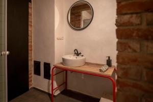 een badkamer met een wastafel en een spiegel aan de muur bij Cimra bude! in Horní Prysk