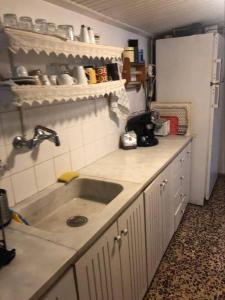 eine Küche mit einer Spüle und einer Arbeitsplatte in der Unterkunft Summer beach house Spiaggia in Katarrákhion