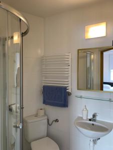 a bathroom with a toilet and a sink and a mirror at Premium Hostel & Bistro in Mielec