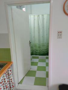 巴奇卡帕兰卡Cyclo Apartment Pinki的通往浴室的门,浴室铺有绿色和白色的地板