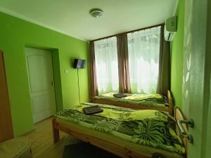 2 Betten in einem Zimmer mit grünen Wänden und einem Fenster in der Unterkunft Tölgyfa Panzió in Balatonszepezd