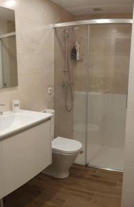 ein Bad mit einer Dusche, einem WC und einem Waschbecken in der Unterkunft Acogedor y precioso apartamento + parking privado in San Sebastián