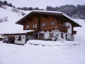 une grande maison en bois dans la neige dans l'établissement Appartement Hasenauer, à Hollersbach im Pinzgau