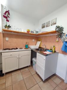 eine kleine Küche mit einer Spüle und einer Theke in der Unterkunft Apartman Valentin in Siófok