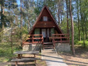 una pequeña cabaña en el bosque con dos bancos en Domki Pod Sosnami, en Stegna
