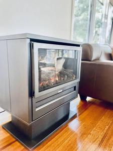 a television with a fireplace in a living room at Whispering Gums - Ocean Views, Pet Friendly, EV UNIT 7kW for electric cars, Sleeps 7 in Lorne