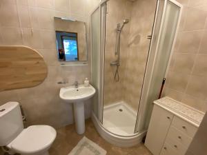 a bathroom with a shower and a toilet and a sink at Virgin'A in Nida +13 photos