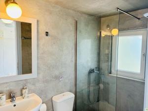 a bathroom with a shower and a toilet and a sink at Tzavelitiko Home in Himare