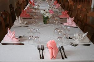 a long table with pink napkins and wine glasses at Agriturismo Rechsteiner in Ponte di Piave