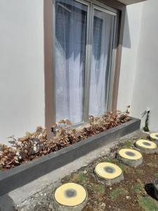 quatro frisbees no chão em frente a uma janela em Bumi Dieng Indah Residence em Kalianget