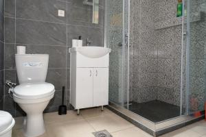 a bathroom with a toilet and a shower and a sink at Skopje Hostel in Skopje