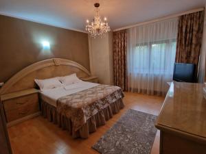 a bedroom with a large bed and a chandelier at Vila 33 in Constanţa