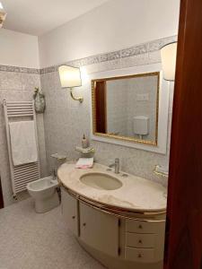 a bathroom with a sink and a toilet and a mirror at Traghetto vecchio house in Cavallino-Treporti