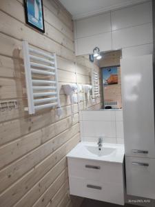 W łazience znajduje się umywalka i lustro. w obiekcie Domki Apartamentowe Ostoja w Rewalu
