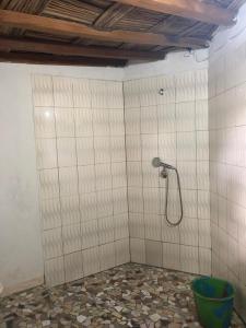 ein Bad mit einer Dusche in einer gefliesten Wand in der Unterkunft Karamba Lodge in Kafountine